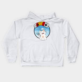 Silly white cat has a broken parachute Kids Hoodie